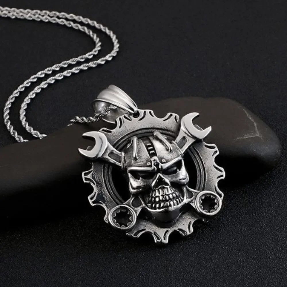 Skull Head on Wrench and Gear Stainless Steel Pendant Necklace